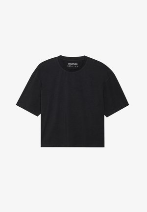 Czarna bawełniana koszulka z okrągłym dekoltem i krótkimi rękawami. Charakteryzuje się luźnym krojem i minimalistycznym wzornictwem. Bez grafiki ani wzorów.