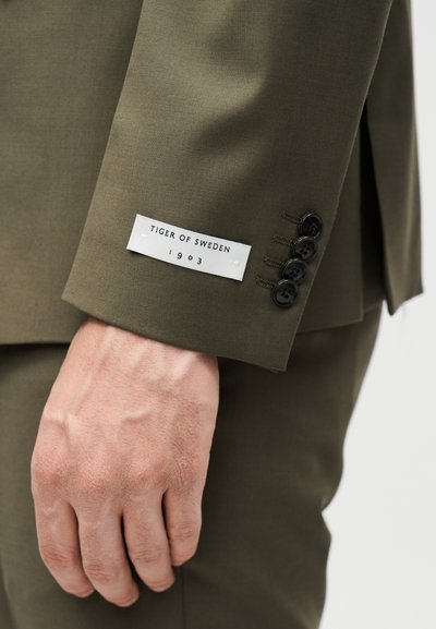 Αριστερό χέρι χαλαρό στο πλάι, φοράει ελιά πράσινο κοστούμι με τέσσερα μαύρα κουμπιά στη μανσέτα και λευκή ετικέτα "Tiger of Sweden 1903" προσαρτημένη.