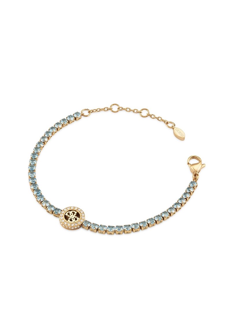 Bracciale d'oro con gemme blu, caratterizzato da un charm a logo rotondo accentuato da piccole cristalli trasparenti. Catena regolabile con chiusura a moschettone.