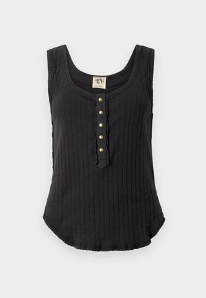 Musthave mustrinnaelise, ribise tekstuuriga must sansleeve tank top, lühikese kaelusega, esiosas viis kuldset nööpi ja ümar äärestus.