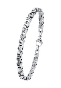 Bracciale in argento con maglie rettangolari intrecciate e chiusura a moschettone, texture liscia e finitura lucida.