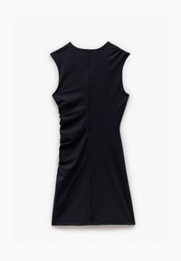 Navyblaues ärmelloses Kleid mit rundem Ausschnitt, das seitliche Raffungselemente und einen dezenten Reißverschluss auf der Rückseite aufweist. Glattes Material.