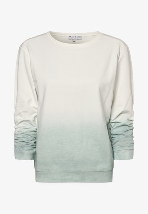 Mikina s dlouhým rukávem a kulatým výstřihem, zdobená nařasenými rukávy, s ombre přechodem od bílé po světle zelenou a malou brandovou nálepkou na límci.