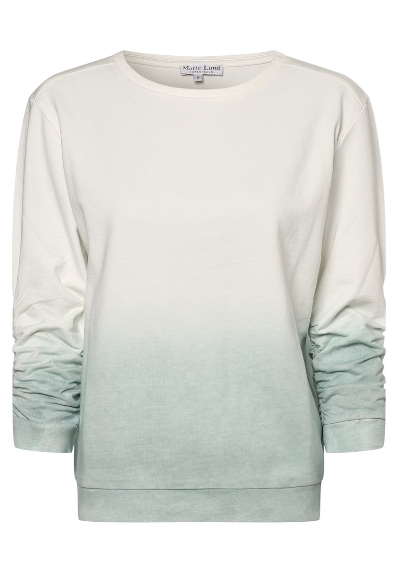 Sudadera de manga larga con cuello redondo y mangas fruncidas, que presenta un degradado de color blanco a verde claro y una pequeña etiqueta de marca en el cuello.