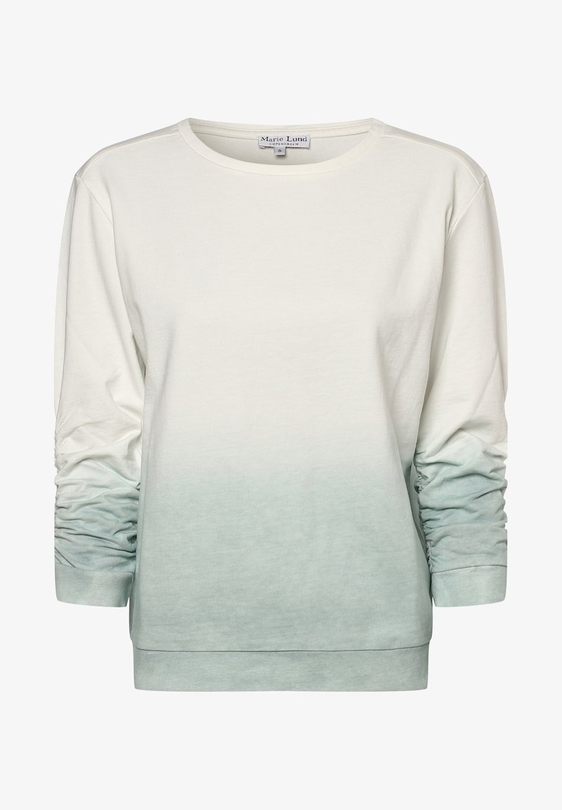 Sudadera de manga larga con cuello redondo y mangas fruncidas, que presenta un degradado de color blanco a verde claro y una pequeña etiqueta de marca en el cuello.