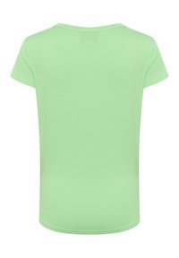 Cămașă mint verde cu guler rotund și mâneci scurte. Fabricație din țesătură moale, ușoară; textură netedă și croială standard.