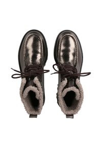 Bottines en bronze métallique au fini texturé, avec une doublure en fourrure grise douillette, des lacets marron foncé et un design à bout rond.