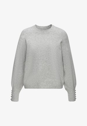 Pull gris clair avec un col rond, des manches raglan et un tissu texturé. Présente des accents de boutons sur les poignets. Design doux et confortable.
