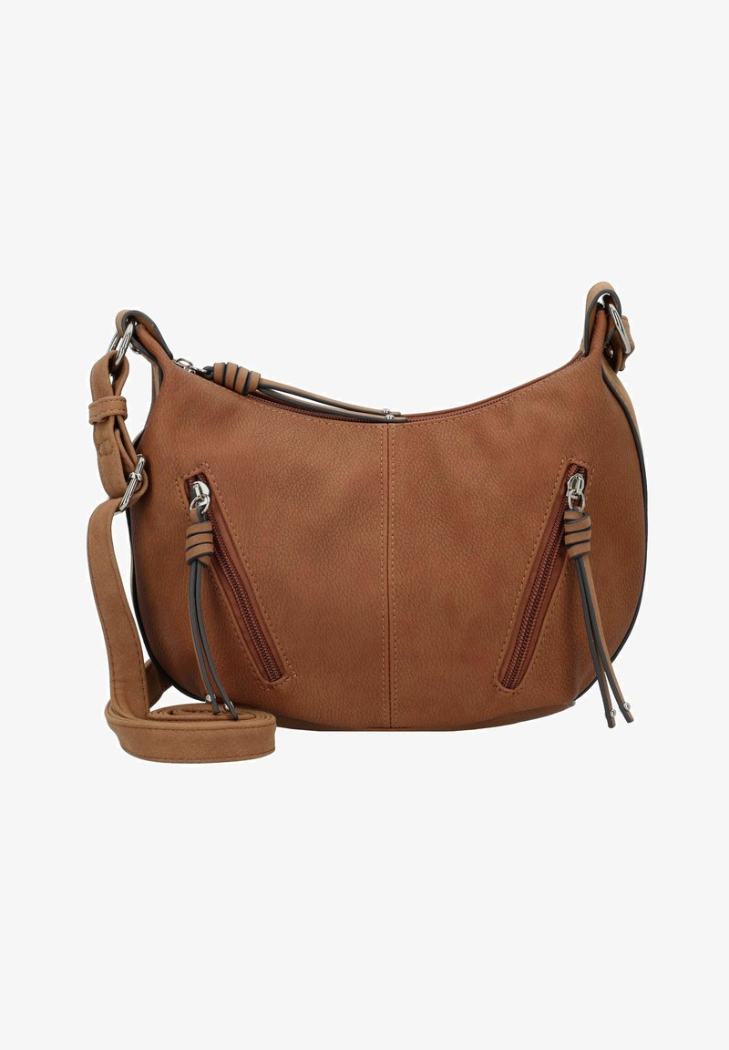 Borsa a tracolla in pelle marrone con design curvato, tasche con zip e tracolla regolabile. Superficie testurizzata con dettagli di cucitura discreti.