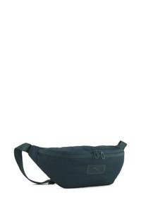 Marsupio verde scuro realizzato in tessuto resistente, dotato di un compartimento principale con zip, cintura regolabile e una patch logo testurizzata.