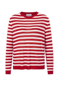 Rot-weißer gestreifter Pullover mit Rundhalsausschnitt, langen Ärmeln und ribbeligem Saum, hergestellt aus einem leichten, strukturierten Material.