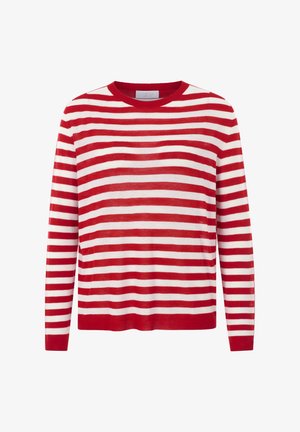 Pull rayé rouge et blanc avec un col rond, des manches longues et un ourlet côtelé, fabriqué dans un matériau léger et texturé.