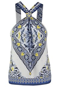 Top sin mangas blanco con un estampado floral azul y amarillo. Presenta un diseño de tirantes entrecruzados y un escote redondeado.