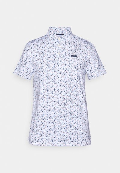 Ísā piegriezuma polo krekls baltā krāsā ar atkārtotu zilu un rozā rakstu. Piedāvā divu pogu apkakli un smalku logotipu uz krūšu daļas.