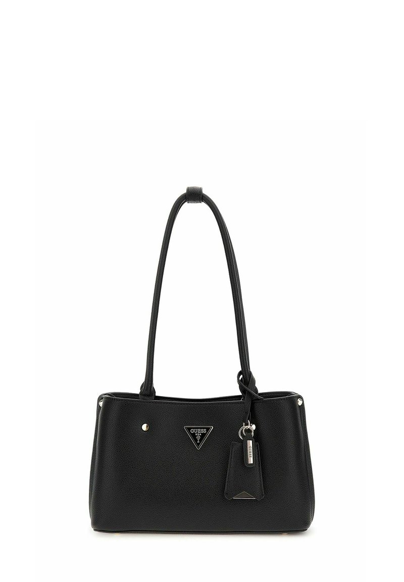 Borsa tote in pelle nera con doppio manico, hardware argentato, emblema del logo e un'etichetta attaccata per un tocco in più. Superficie testurizzata.