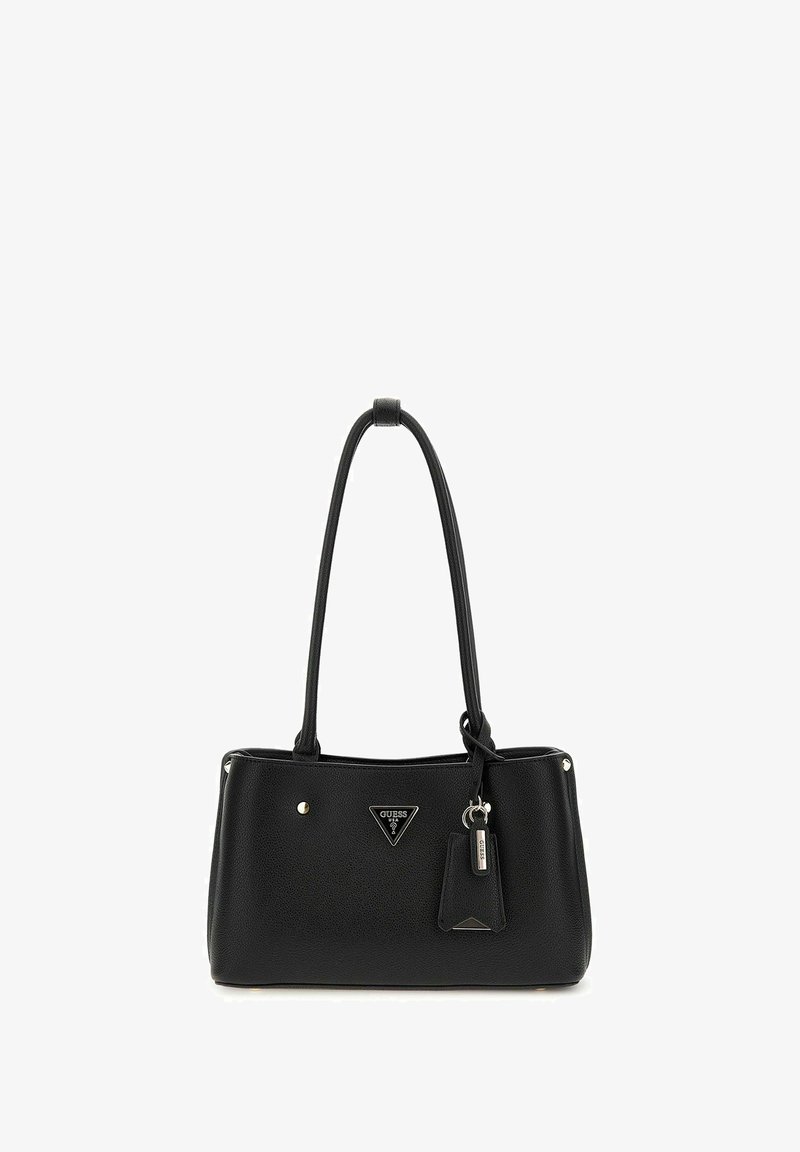 Borsa tote in pelle nera con doppio manico, hardware argentato, emblema del logo e un'etichetta attaccata per un tocco in più. Superficie testurizzata.