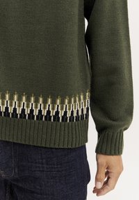 Grüner Strickpullover mit gerippten Bündchen und Saum. Besitzt einen gemusterten Saum in Schwarz, Creme und erdigen Tönen am unteren Rand.