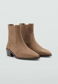 Bruine suède enkellaarsjes met een puntige neus, elastische zijpanelen en een lage gestapelde hak. Gladde textuur met minimale stikseldetails.