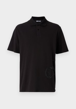 Black polo shirt made of cotton, featuring a two-button placket, short sleeves, and a textured logo detail in black at the bottom left.