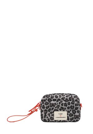 Small rectangular wristlet bag with gray and black leopard print and an orange strap and zipper pulls.