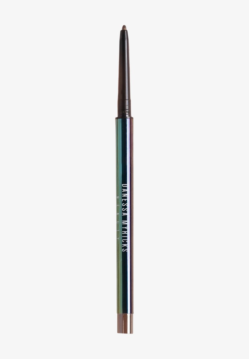 Trekkbar eyeliners blyant med gradient metallisk overflate, med en mørkebrunt spiss og en rosé-gullbase.