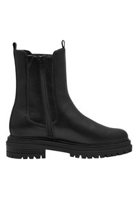 Bottine en cuir noir à la cheville avec fermeture éclair latérale, languettes de traction, semelle épaisse crantée et bout rond, présentée de profil sur un fond blanc.