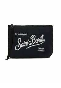 Bustina di tessuto nero con chiusura a zip, con testo ricamato bianco che recita "Sognando il paradiso invernale di Saint Barth." Include una cinghia laterale.