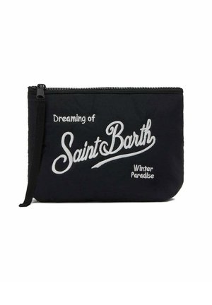 Zwarte stoffen zak met ritssluiting, voorzien van witte geborduurde tekst met de tekst "Dromen van Saint Barth Winter Paradise." Inclusief zijriem.