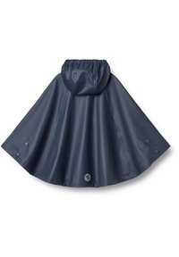 Vodootporni kišni pončo mornarsko plave boje s kapuljačom, zatvaračima sa strane i okruglim logom blizu ruba, prikazan s leđa.