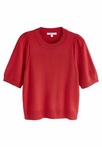 Haut en tricot rouge avec des manches courtes bouffantes et un col rond côtelé. Texture lisse, avec des côtes aux poignets et à l'ourlet.