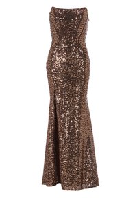 Vestido de noche marrón con lentejuelas, con una silueta ajustada, escote corazón y una abertura en el muslo, que destaca por sus lentejuelas reflectantes y su diseño elegante.