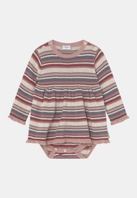 Pasiasta sukienka dla niemowląt z długim rękawem w kolorach różowym, kremowym i szarym. Posiada zapięcia na guziki na ramionach, marszczoną talię oraz zatrzaskowe dno, co ułatwia zakładanie.