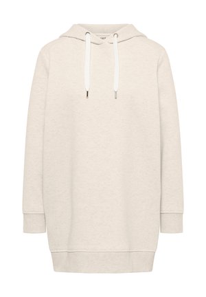 Beżowa sukienka dresowa z długim rękawem, z białymi ściągaczami, prążkowanymi mankietami i prążkowanym dołem.