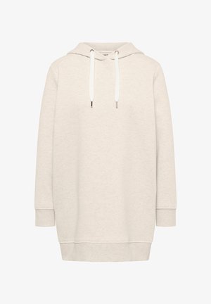 Robe sweat à capuche beige à manches longues avec cordons blancs, poignets côtelés et ourlet côtelé.