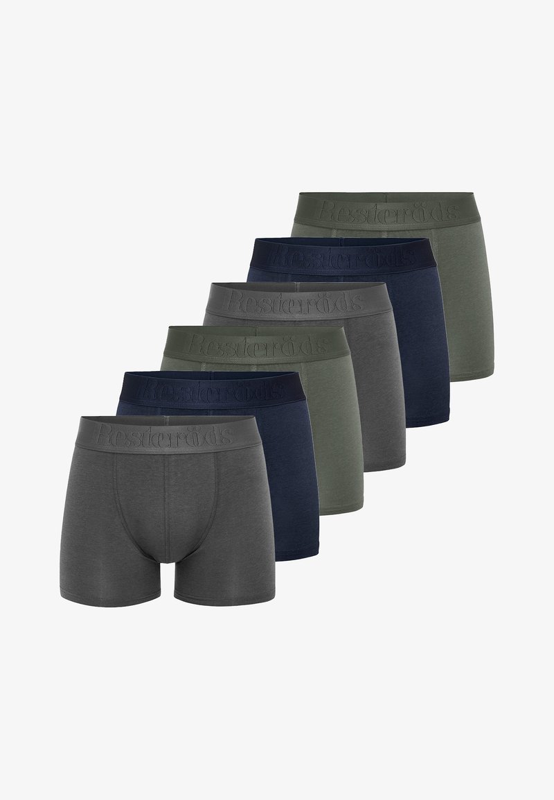 Ensemble de boxers pour hommes, comprenant six paires en gris foncé, bleu marine et olive, avec un tissu doux et une ceinture embossée "Resteröds".