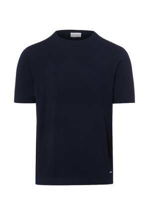 Herren einfarbiges marineblaues kurzärmeliges Baumwollstrick-T-Shirt mit Rundhalsausschnitt und kleinem Logoetikett nahe am Saum.