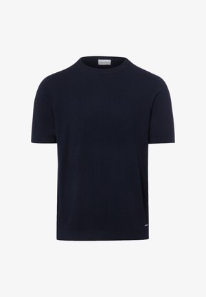 Men’s plain navy blue short-sleeve cotton knit t-shirt with crew neck and small logo tag near hem.