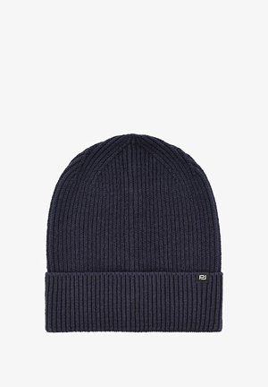 Granatowa dziana czapka beanie o ribbowanej strukturze, z podwyższonym mankietem i małą metką z logo z boku. Cylindryczny kształt.