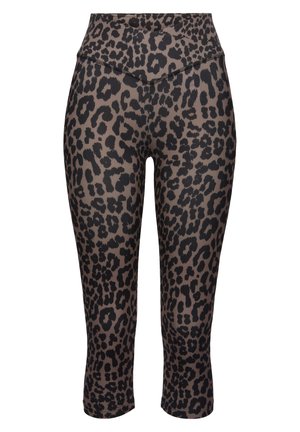 Leopardų rašto capri leggingai iš tamprios, lygaus audinio su aukštu, plačiu juosmeniu. Juodi taškai ant rudos fono. Matomos siūlų detalės.