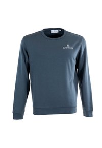 Sudadera de color azul oscuro con mangas largas, cuello redondo y un acabado texturizado. Presenta un pequeño logo blanco en el pecho.