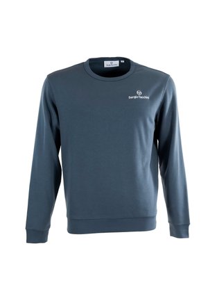 Sudadera de color azul oscuro con mangas largas, cuello redondo y un acabado texturizado. Presenta un pequeño logo blanco en el pecho.