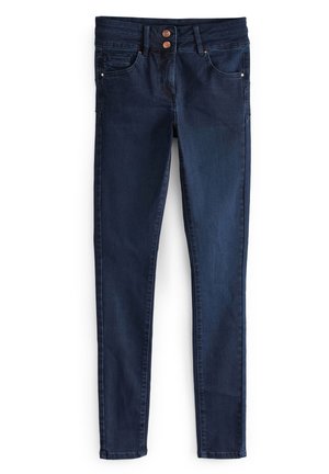 Mørkeblå slim-fit jeans med to forlommer, to knapper og lynlås, vist mod en hvid baggrund.