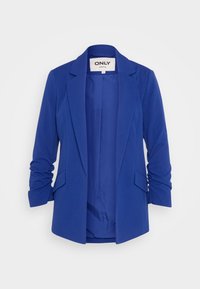 Modrý blazer vyrobený z měkké látky, s klopovým límcem, dlouhými rukávy se staženými manžetami a dvěma předními kapsami.