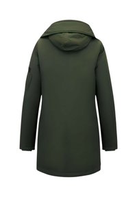 Donkergroene winterjas met capuchon en lange mouwen, gezien vanaf de achterkant, met een zak op de rechterarm.