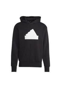 Black hooded sweatshirt made of cotton blend, featuring a large white raised graphic of three stripes and the brand logo on the front.