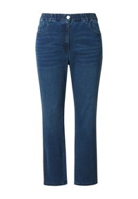 Dżinsy w ciemnoniebieskim kolorze z prostymi nogawkami, elastyczną talią, dwoma przednimi kieszeniami i subtelnymi efektem blaknięcia wzdłuż ud.