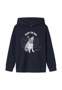 Sudadera azul marino de mezcla de algodón con un gráfico de un bulldog francés con gafas de sol y el texto "LISTO PARA LO NUEVO Y COOL".