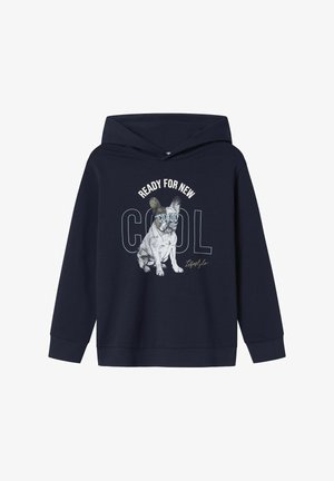 Námornícka modrá mikina z bavlneného zmesi s grafikou francúzskeho buldočka v slnečných okuliaroch a textom "PRIPRAVENÍ NA NOVÝ CHLAD."