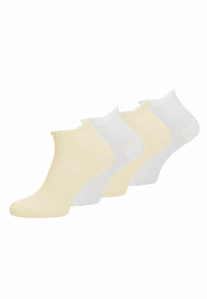 Vier paar lage enkelsokken in afwisselende beige en witte kleuren, met gegolfde randen.