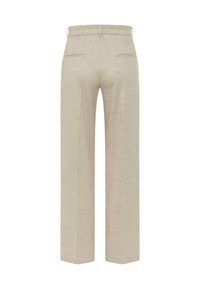 Beige brede broekspijpen van gestructureerde stof, met een hoge tailleband, twee achterzakken en een rechte snit.